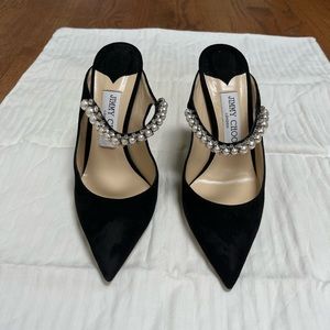 Jimmy Choo Size IT 38/US 8 Bing 100 Black Suede with Pearl/Crystal Strap